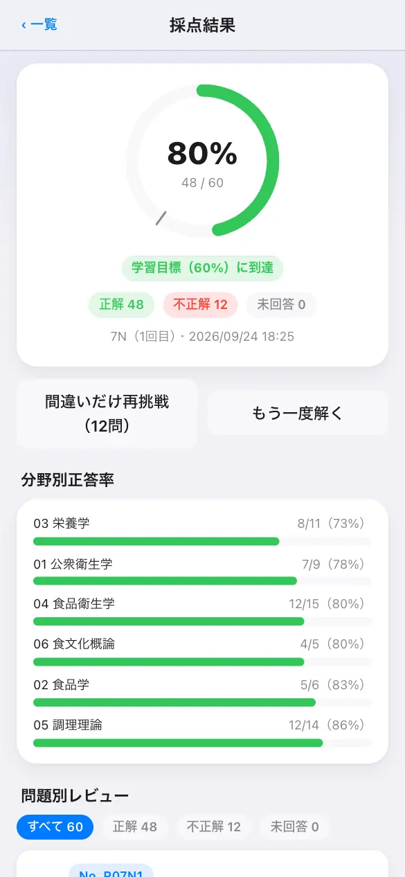 調理師試験の学習アプリ：模試モードで採点