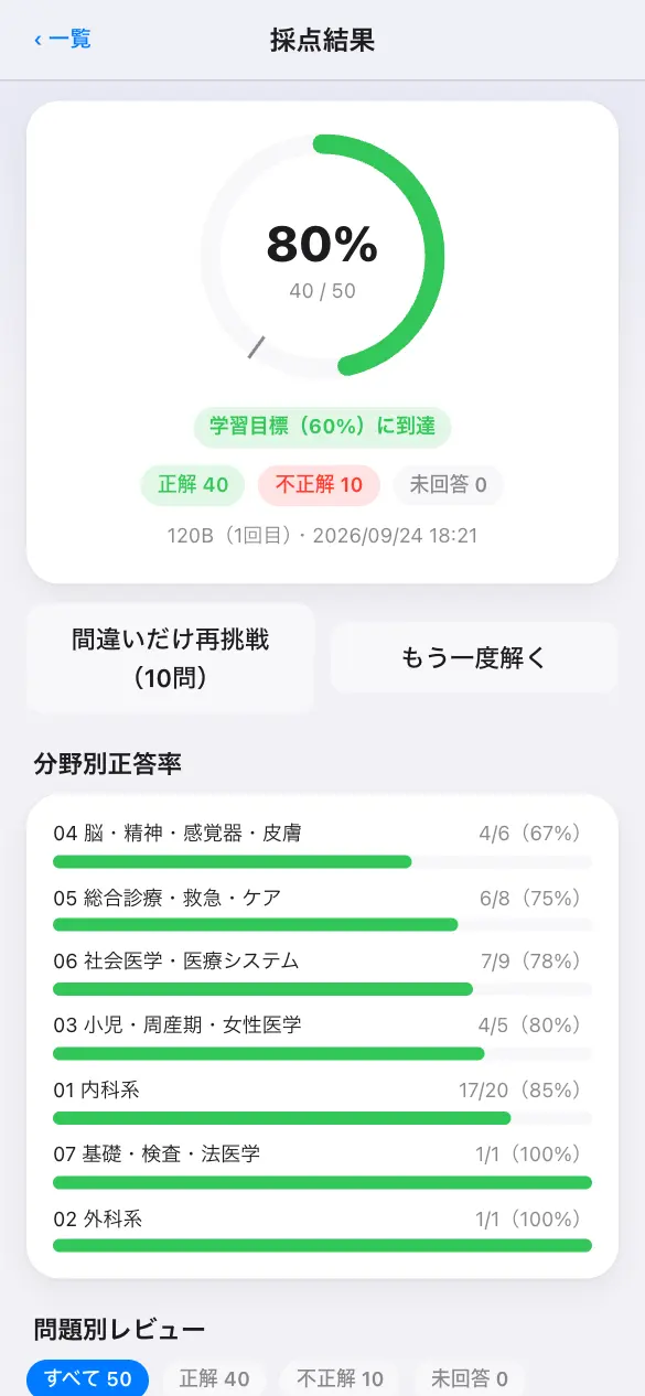 医師国家試験の学習アプリ：模試モードで採点