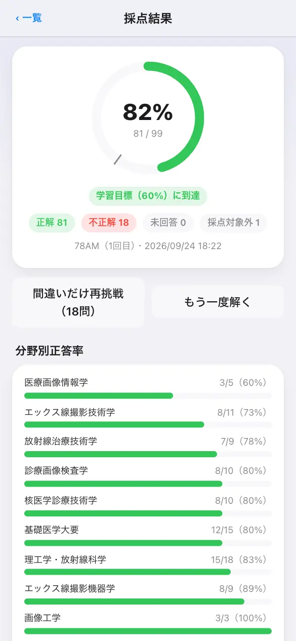 診療放射線技師国家試験の学習アプリ：模試モードで採点