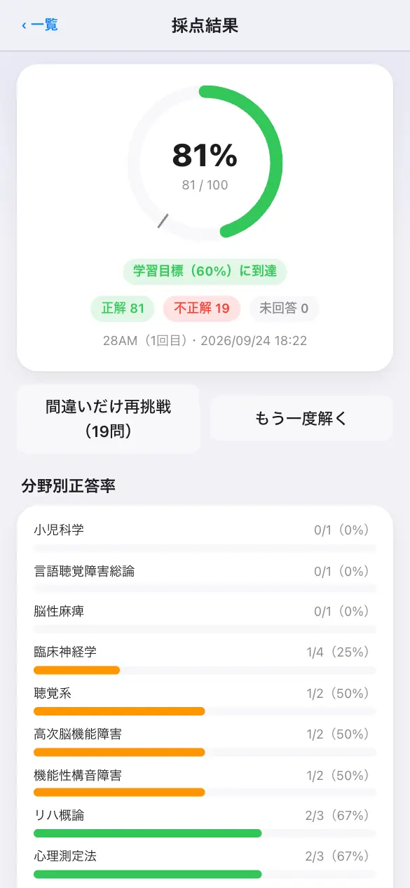 言語聴覚士国家試験の学習アプリ：模試モードで採点